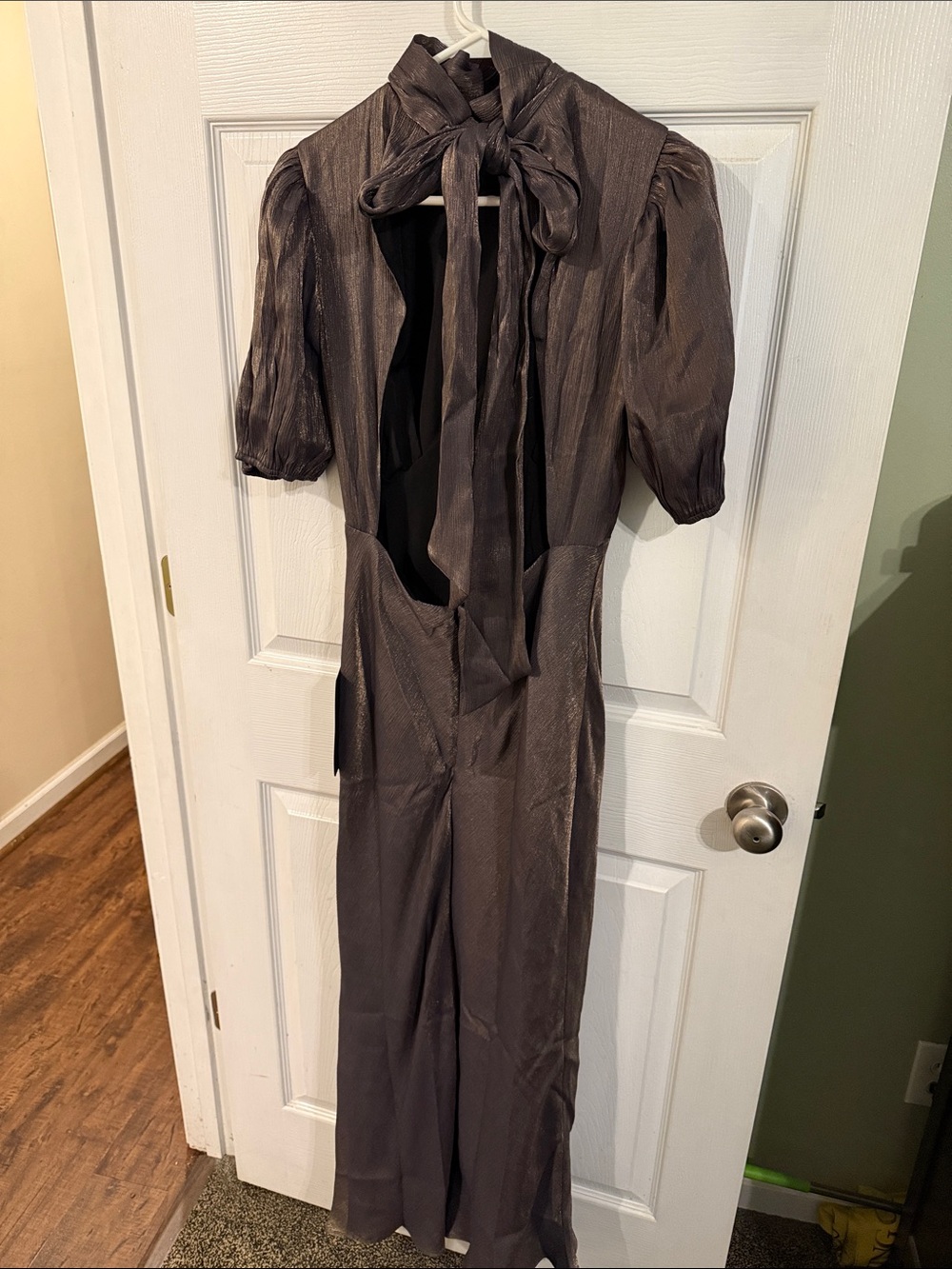 Lulu's Metallic Taupe High-Neck Maxi Dress with Puff Sleeves - Picture 4 of 9